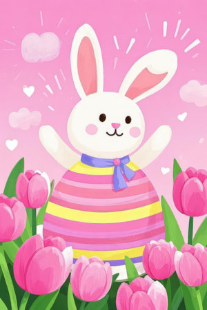 Easter bunny with pink tulips. Cute cartoon character.の素材