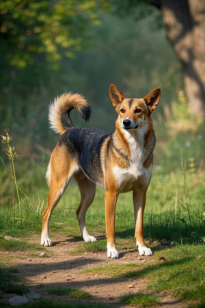 Portrait of an adult welsh corgi dog standing on a pathの素材