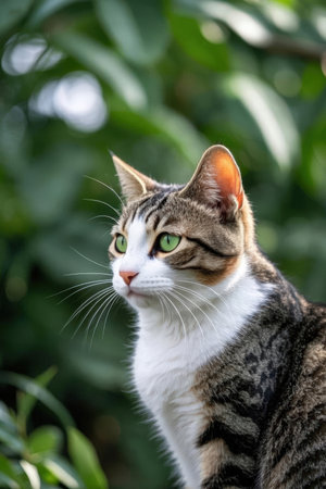 Close up of a tabby cat with green eyes in the gardenの素材