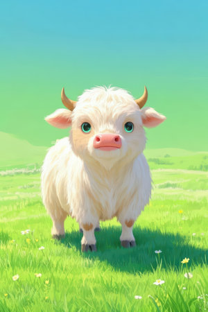 Cute white sheep on the green meadow. Digital painting.の素材
