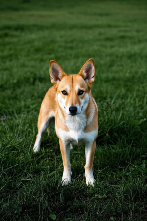 Portrait of a red shiba inu dog standing on the grassの素材