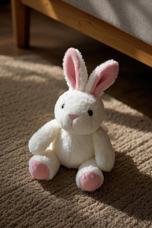 Cute soft toy rabbit sitting on the carpet in the room.の素材