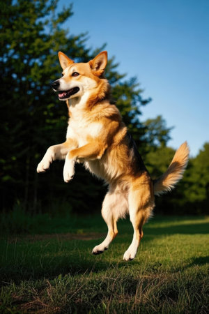 Portrait of a Welsh Corgi Pembroke jumping in the airの素材