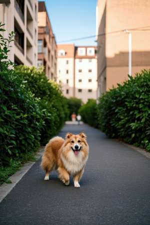 Red dog Welsh Corgi walks in a city park in summerの素材