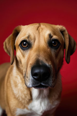 Studio shot of an adorable Rhodesian Ridgeback dog against a red background.の素材