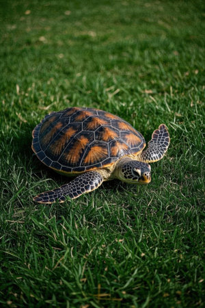 tortoise on the green grass in the park close-upの素材