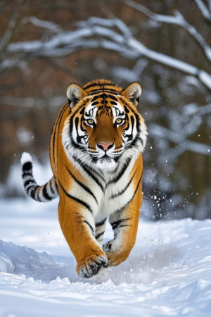Siberian Tiger running in the snow. Animal in natural habitat.の素材
