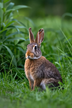 Rabbit sitting in the grass looking at the camera with a blurred backgroundの素材