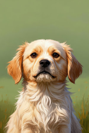 Portrait of a cute golden retriever dog in the grass.の素材