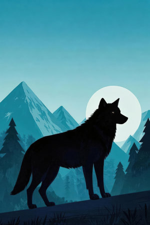 Illustration of a wolf in the forest against the background of mountainsの素材