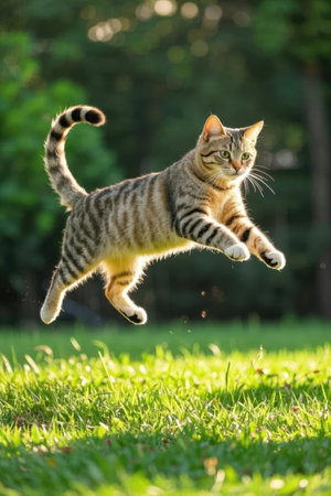 Cute tabby cat jumping in the garden on a sunny dayの素材