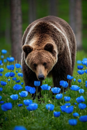 Grizzly bear on the background of blue flowers in the summer forestの素材