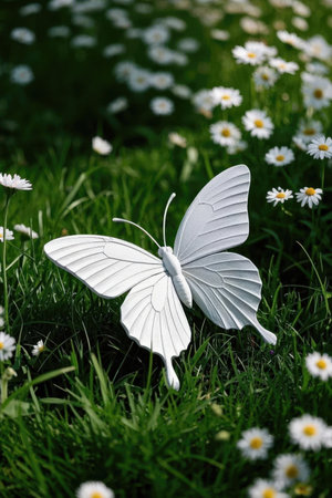 Butterfly on the grass with daisies in the backgroundの素材