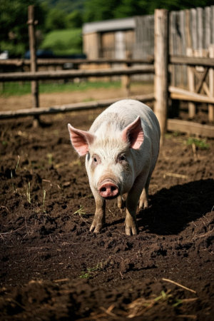 Pig in the paddock. Piglet on the farm.の素材