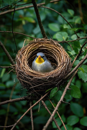 Baby bird in a bird's nest on a background of green leavesの素材