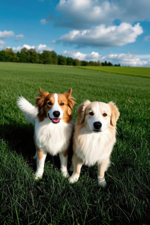 Two red and white border collie dogs standing in the green fieldの素材