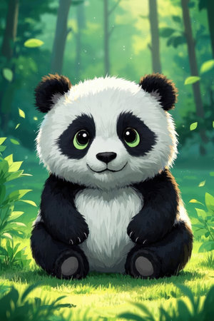 Illustration of a panda sitting on the grass in the forestの素材