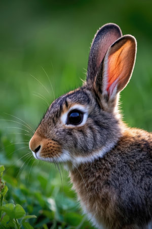 Close up of a wild rabbit in the grass looking at the cameraの素材
