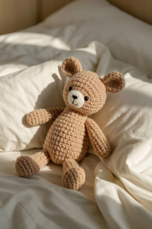 Cute knitted toy bear on the bed in the morning.の素材