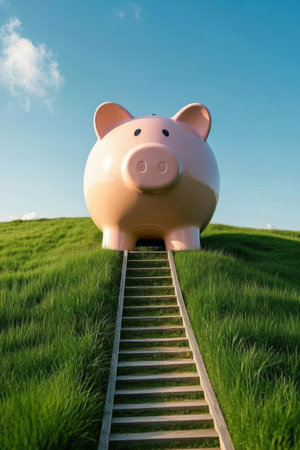 Piggy bank on a green meadow with blue sky and stairsの素材