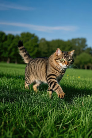 Cute tabby cat running on green meadow in sunny dayの素材