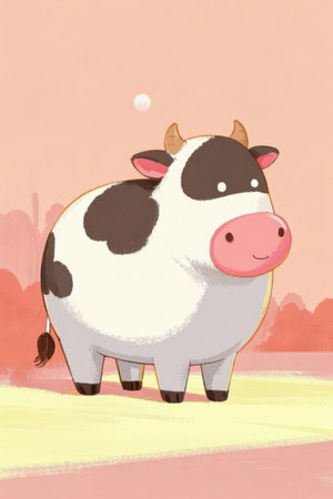 Cute cartoon cow. Vector illustration of a cow in the field.の素材
