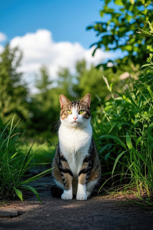 Portrait of a cat sitting on the ground in the garden.の素材