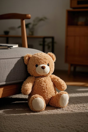Teddy bear sitting on the floor in the living room at homeの素材