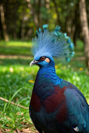 Beautiful peacock with blue and red feathers in the park.の素材