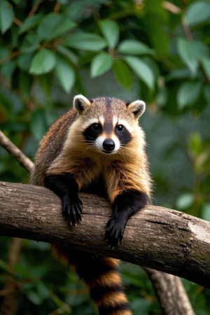 Raccoon sitting on a branch in the rainforest of Costa Ricaの素材