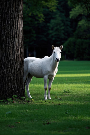 White horse standing in the grass next to a tree in a parkの素材