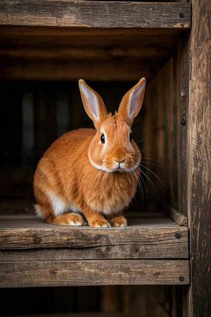 Cute red rabbit sitting on a wooden shelf in a wooden houseの素材