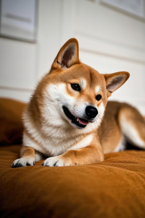Portrait of a shiba inu dog lying on a bedの素材