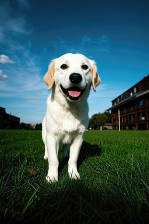 Labrador retriever puppy standing on the green grass with blue skyの素材