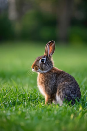 Cute little rabbit sitting on green grass. Springtime background.の素材