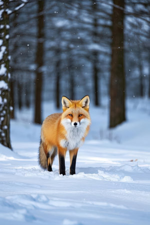 Red fox standing in the snow in winter forest. Wild animal in nature.の素材