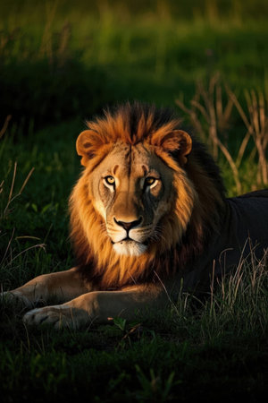 Lion lying down in the grass in Maasai Mara National Park in Kenyaの素材