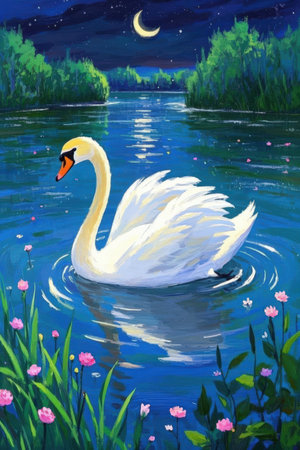 Beautiful white swan swimming in the lake at night. Digital painting.の素材