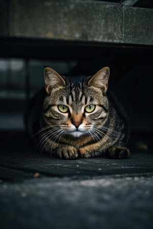 Portrait of a cat with green eyes, sitting on the floor.の素材