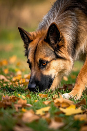 German shepherd dog in autumn park. Selective focus with shallow depth of field.の素材