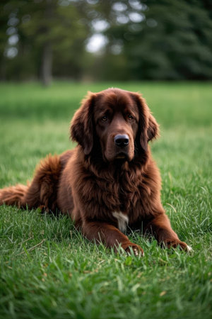 Portrait of a beautiful Nova Scotia Duck Tolling Retriever lying on the grassの素材