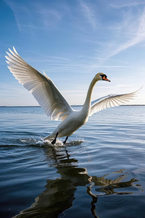 swan on blue lake water in sunny day, swans on pond, nature seriesの素材