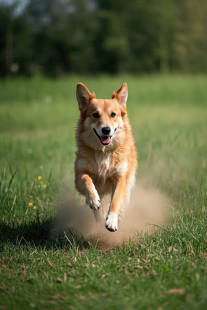 Portrait of a beautiful red dog of the Welsh Corgi breed jumping in the fieldの素材
