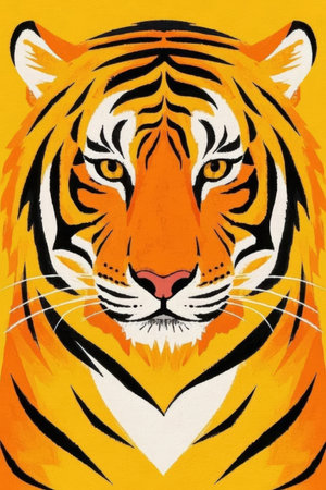 tiger on a yellow background, close-up of photo.の素材