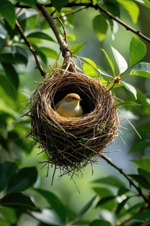 Birds in the nest. The nest of a white-throated warbler in nature.の素材