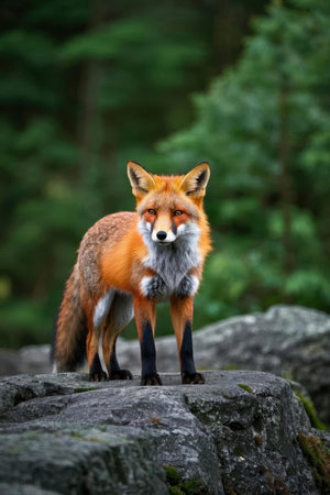 Red fox (Vulpes vulpes) standing on a rockの素材