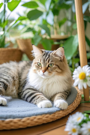 Cute cat lying on a wicker basket with daisiesの素材
