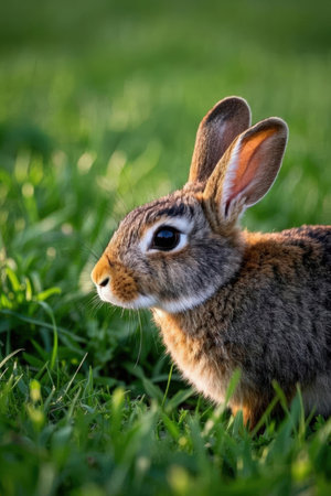Cute little rabbit sitting on the green grass in the park.の素材