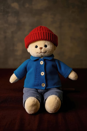 Teddy bear wearing a red hat and blue jacket sitting on the bedの素材