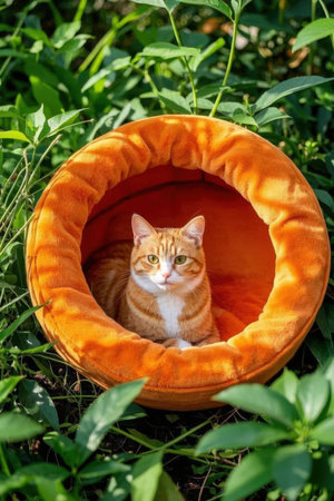 Cute ginger cat sitting in orange basket on green grass background.の素材